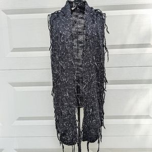 Joan Vass New York fringe black silver metallic thread vest L